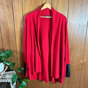 Karl Lagerfeld Paris Red Open Front Cardigan Black Faux Leather Trim Cuffs XL